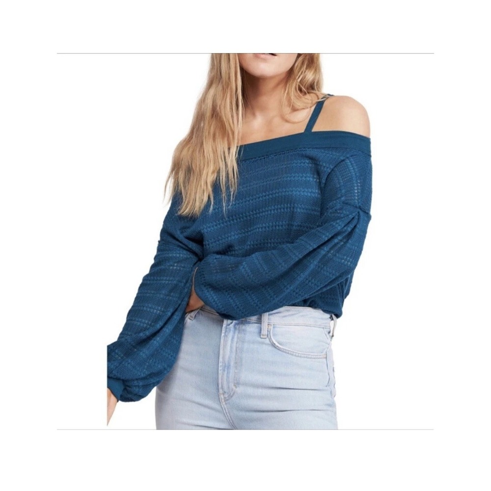 Free People OB967835 Women's Sz M Teal Treasure Sistine Hacci Cold Shoulder‎ Top